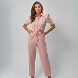 Women's Looser Legs Four Pockets Shirt Collar Jumpsuit