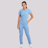 Women's Short Sleeve Crew Neck Zipper Scrub Top