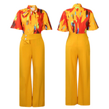 Women's Printed Stand Collar Long Lantern Sleeve Top Wide Leg Pants Modern Set