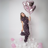 Women's Pink Heart Print Long Flared Cut Jumpsuit