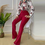 Printed Stand Collar Long Sleeve Shirt Top Wide Leg Pants Set