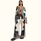 Bohemian Style Stand Collar Irregular Top Wide Leg Pant Set