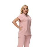 Angela Mandarin Collar Scrub Top with expansive fit and stylish design.