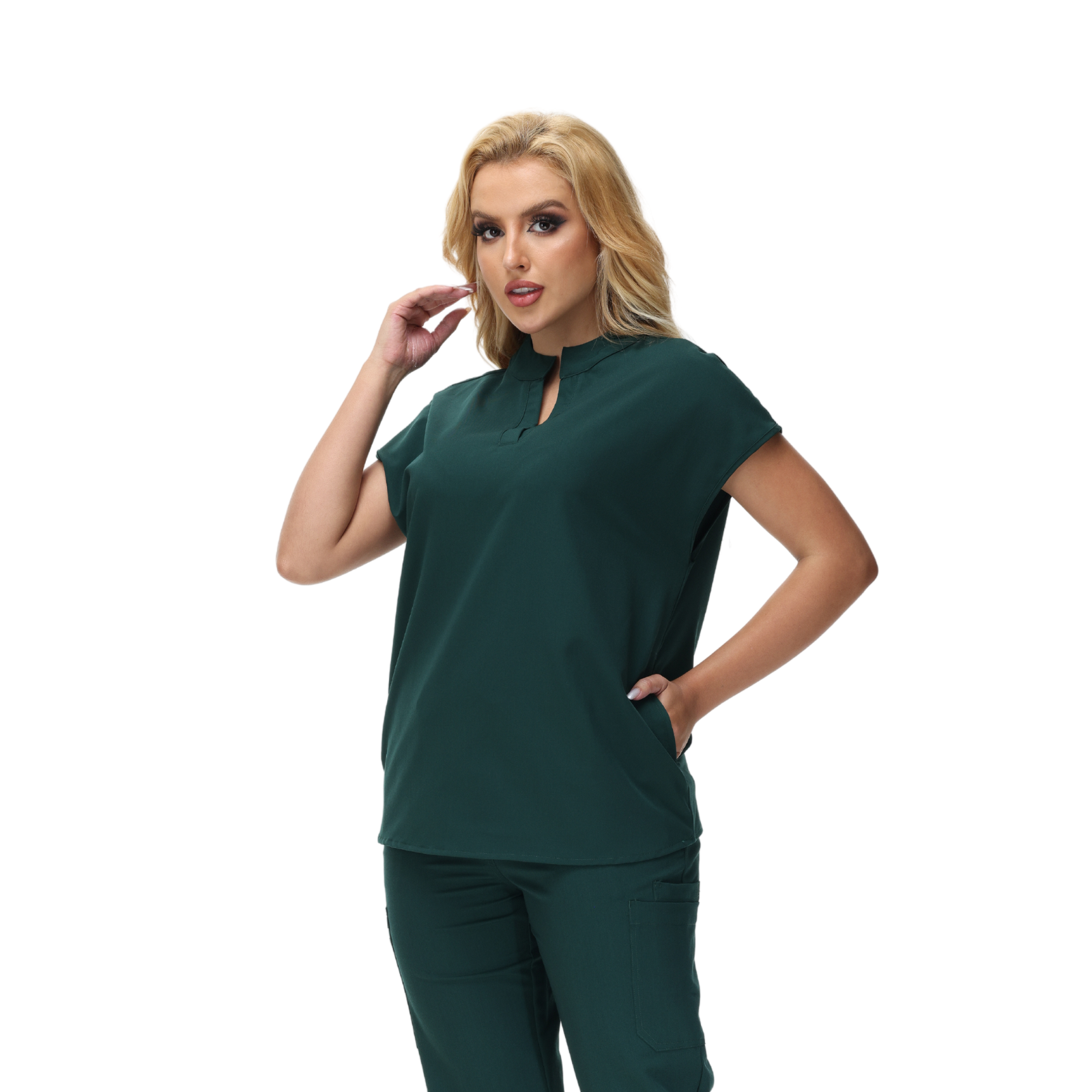 Angela Mandarin Collar Scrub Top with expansive fit and stylish design.