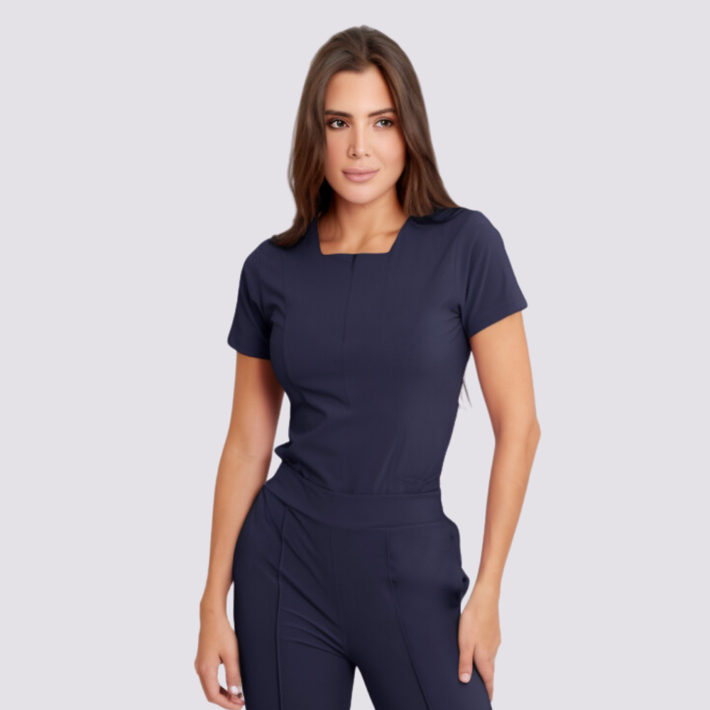 Women's Square Zipper Neckline Double Front Pockets Scrub Top