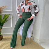 Printed Stand Collar Long Sleeve Shirt Top Wide Leg Pants Set