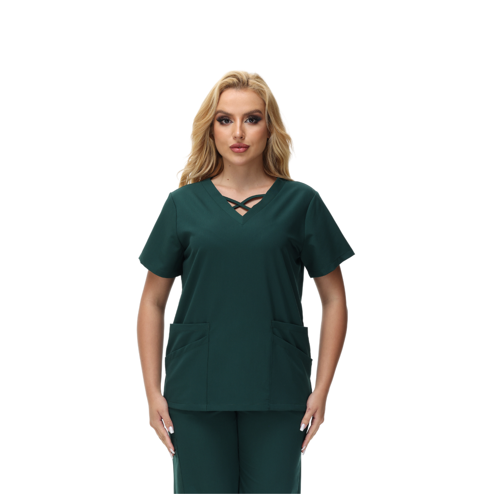 Anne V-neck Four-Pocket Scrub Top featuring a unique cross design and functional pockets.