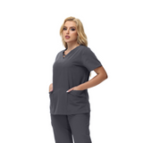 Anne V-neck Four-Pocket Scrub Top featuring a unique cross design and functional pockets.