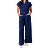 Women's Wide Leg Scrub Jumpsuit With Front Tucks