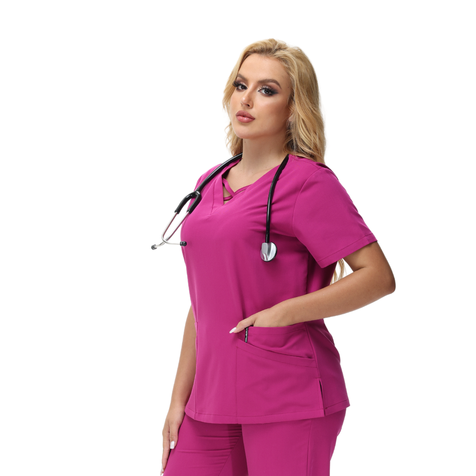 Anne V-neck Four-Pocket Scrub Top featuring a unique cross design and functional pockets.