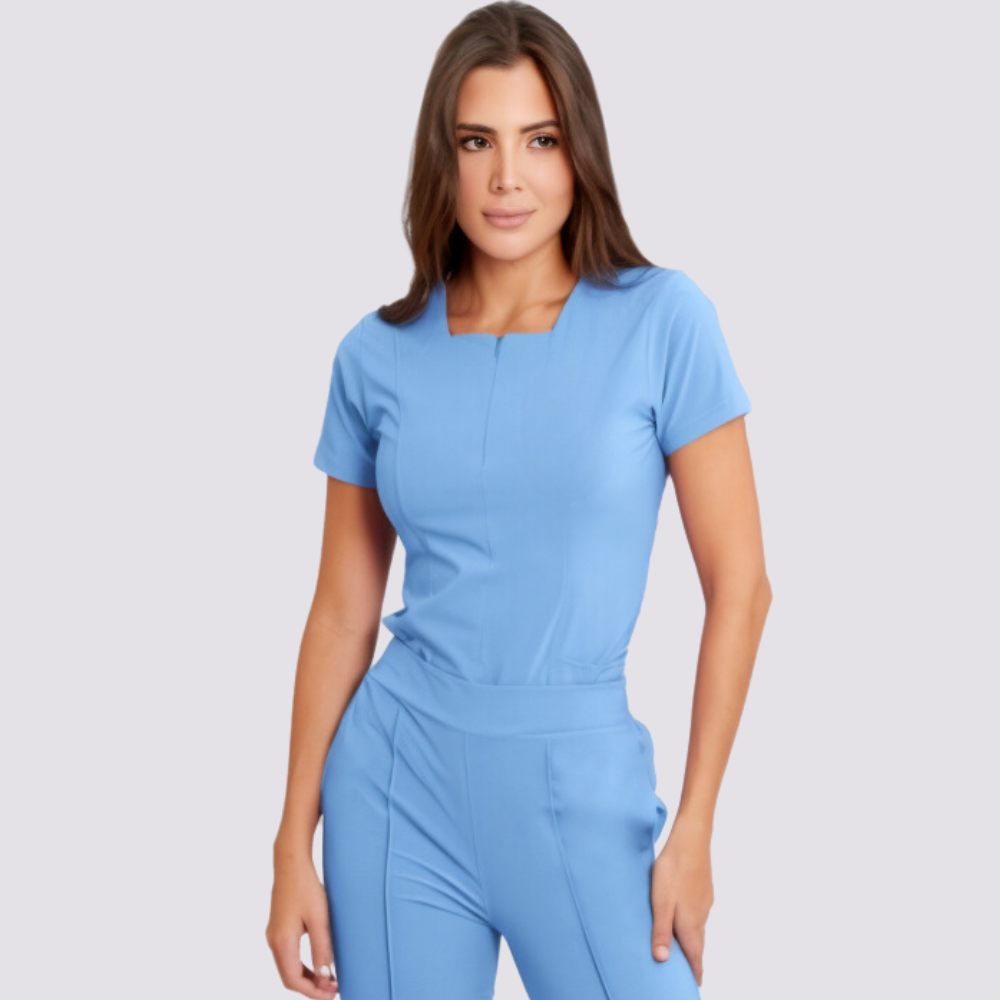 Women's Square Zipper Neckline Double Front Pockets Scrub Top