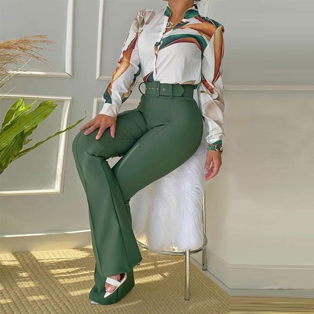 Printed Stand Collar Long Sleeve Shirt Top Wide Leg Pants Set