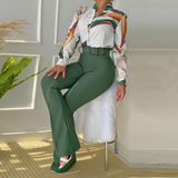 Printed Stand Collar Long Sleeve Shirt Top Wide Leg Pants Set