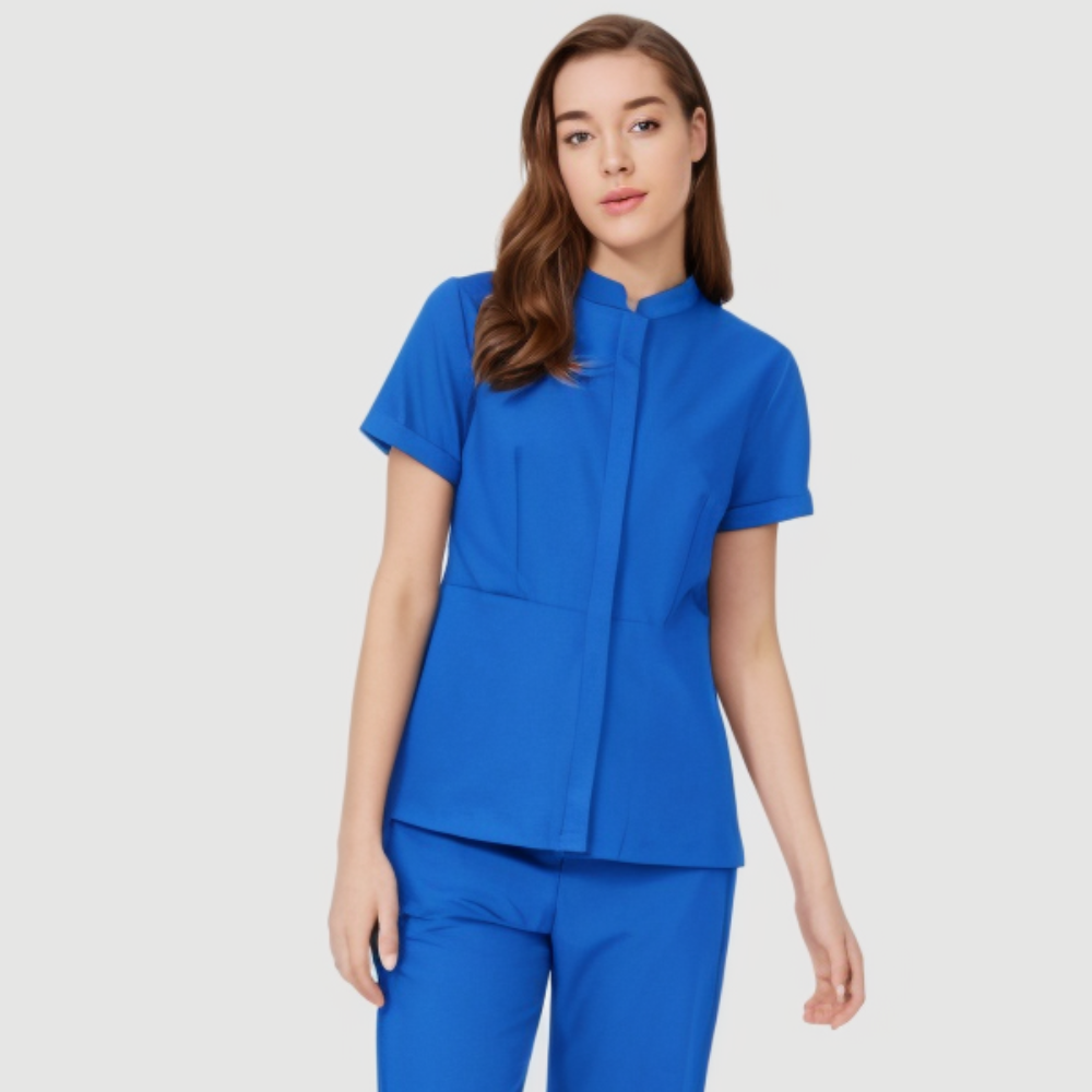 Women's Granded Collar Two Hiden Bag Pockets Scrub Top