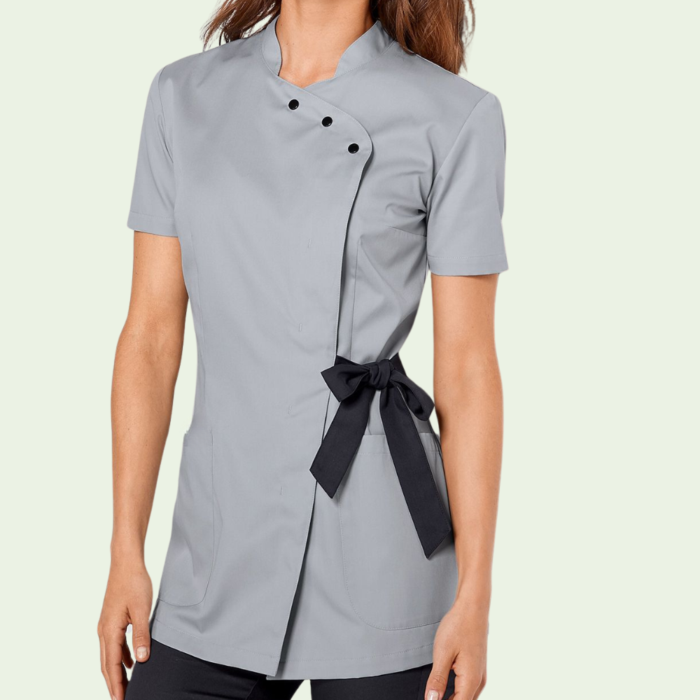 Women's Stand-up Collar Scrub Top with Decorative Bow