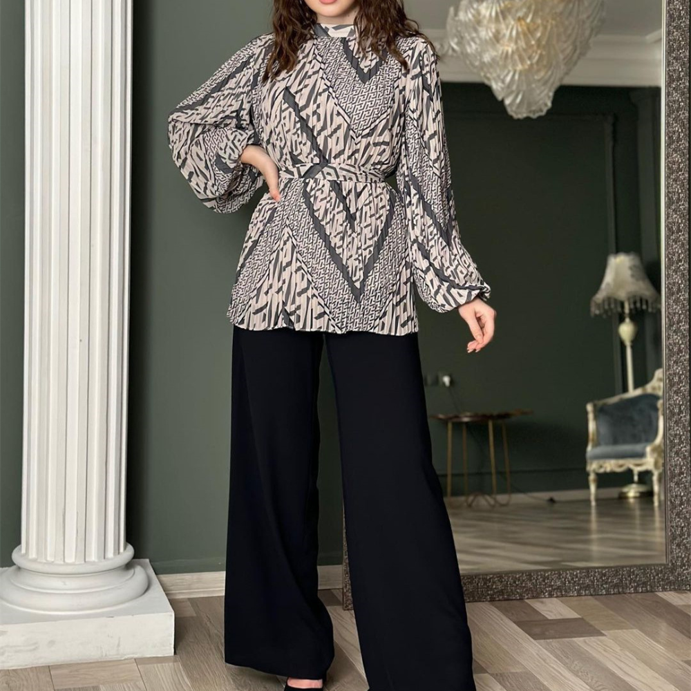 Modern Pleated Temperament Puff Sleeve Shirt High Waist Wide Leg Pants Set