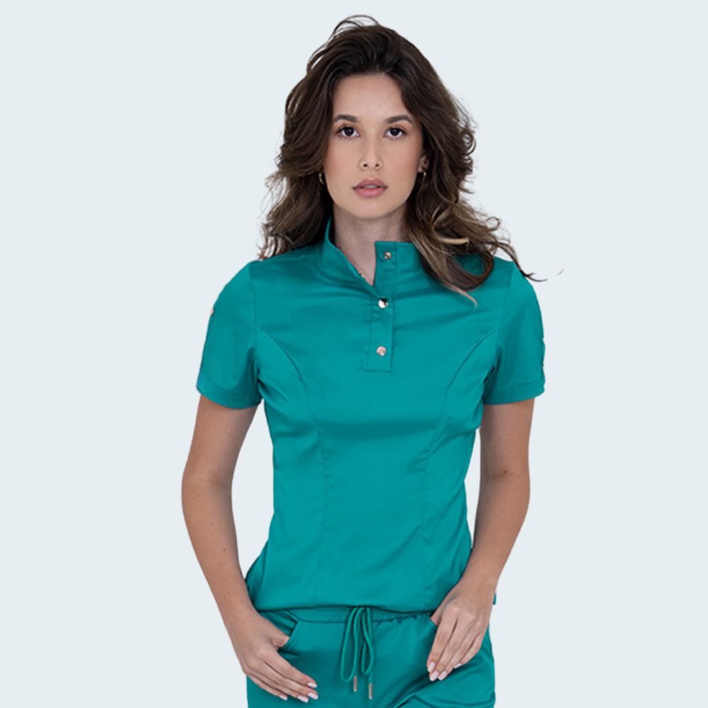 Women's Button Stand Collar Side Zipper Scrub Top