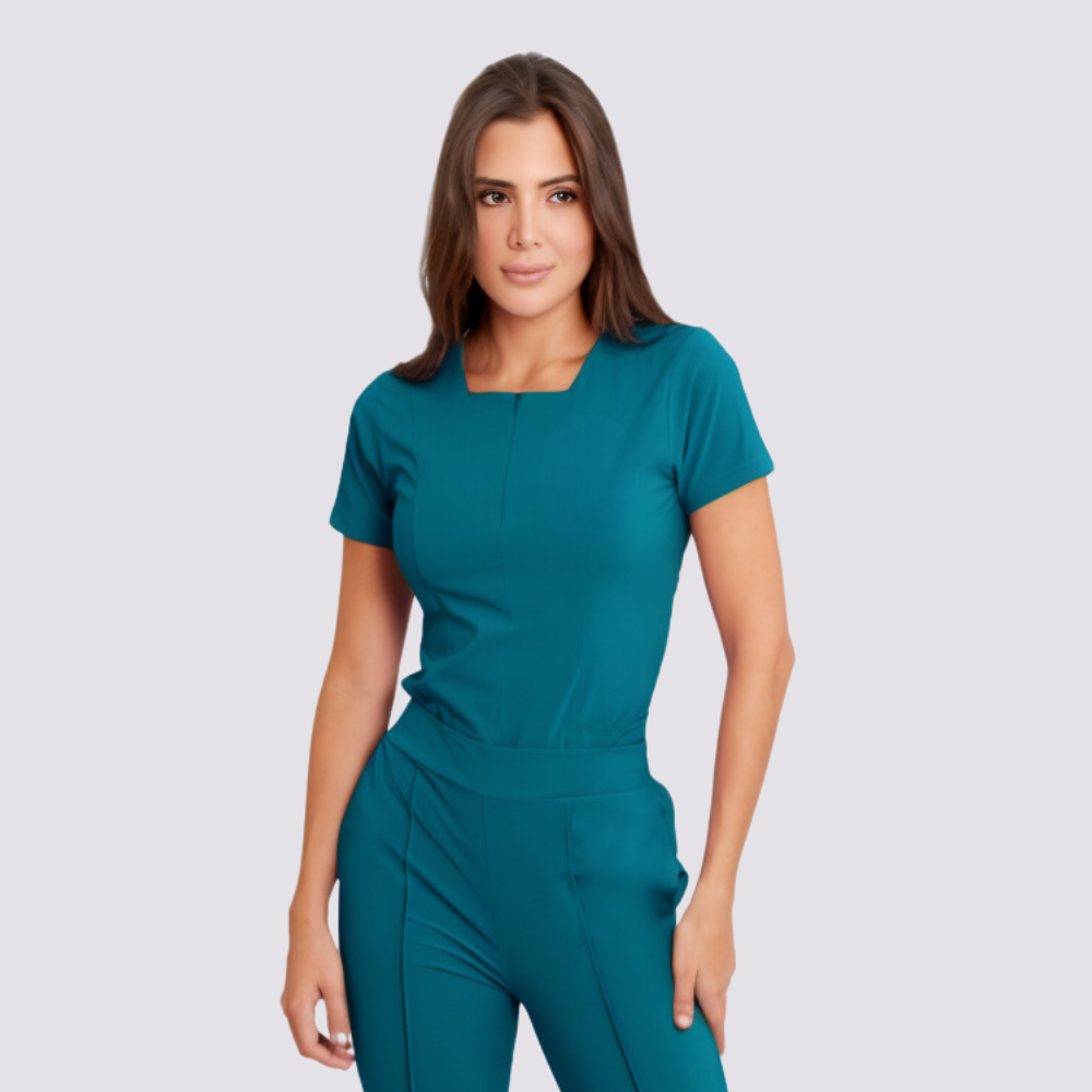 Women's Square Zipper Neckline Double Front Pockets Scrub Top