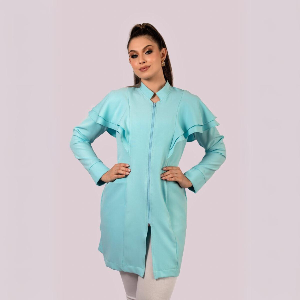 Women's Removable Sleeves Layered Ruffle Details Lab Coat