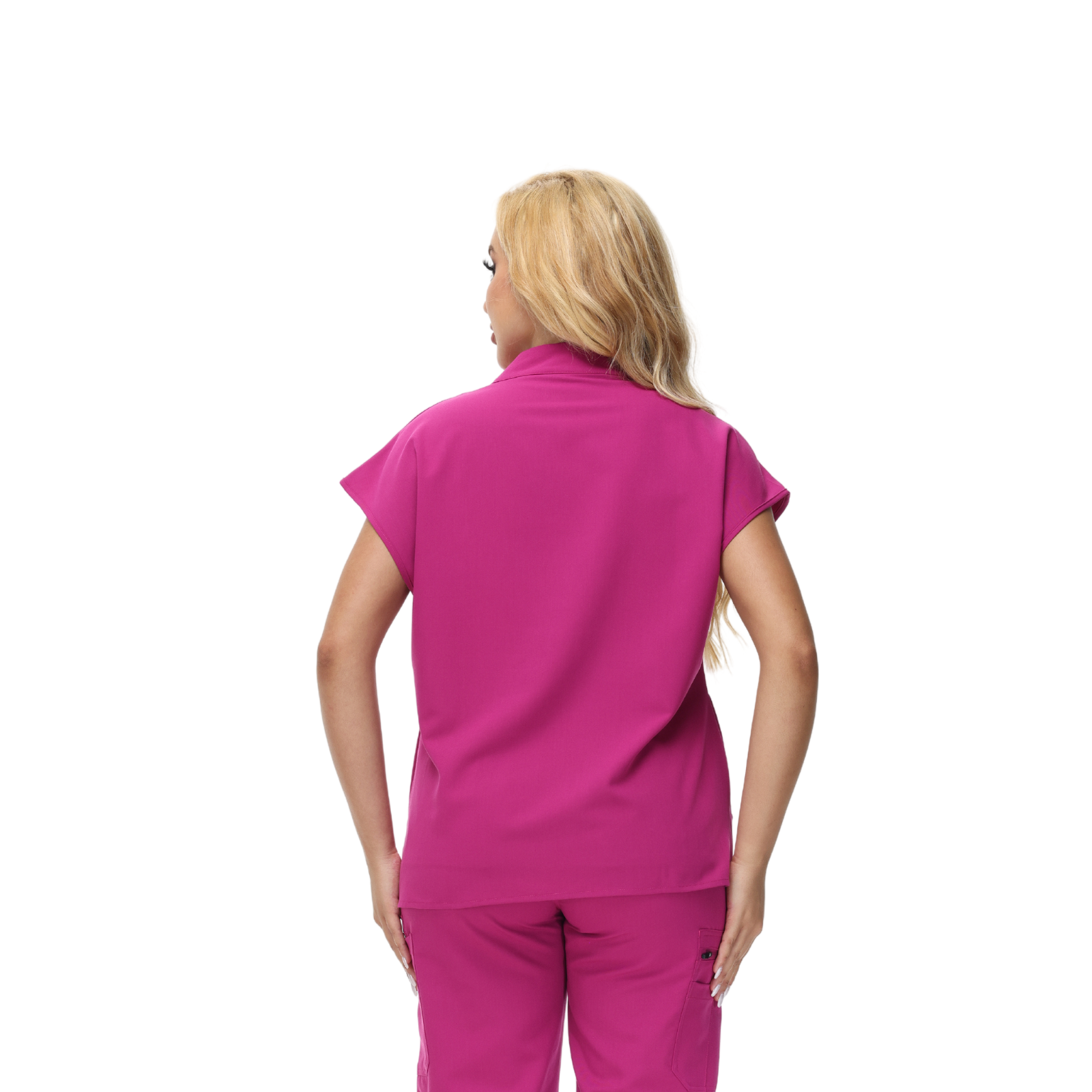 Angela Mandarin Collar Scrub Top with expansive fit and stylish design.