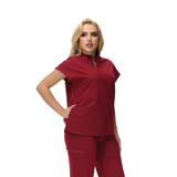 Angela Mandarin Collar Scrub Top with expansive fit and stylish design.