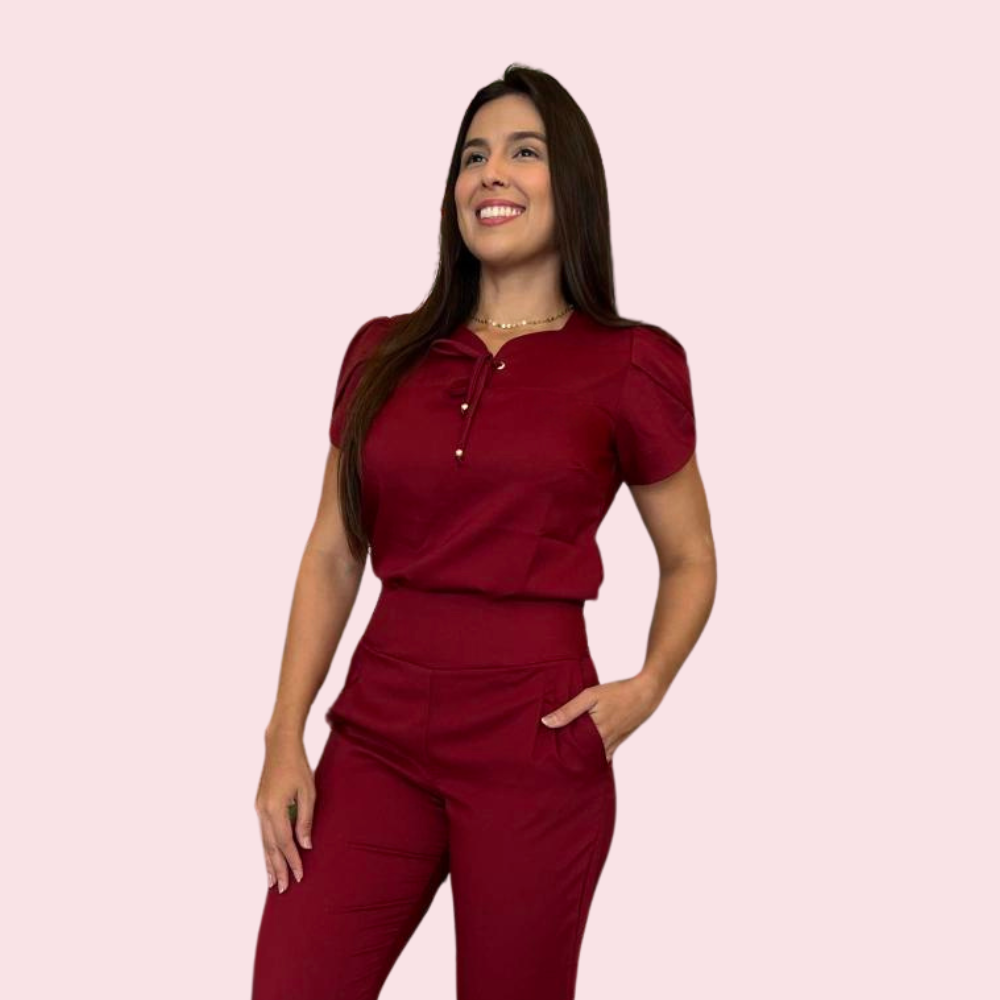 Women's Tulip Sleeves Collar Eyelets and Ties Scrub Top