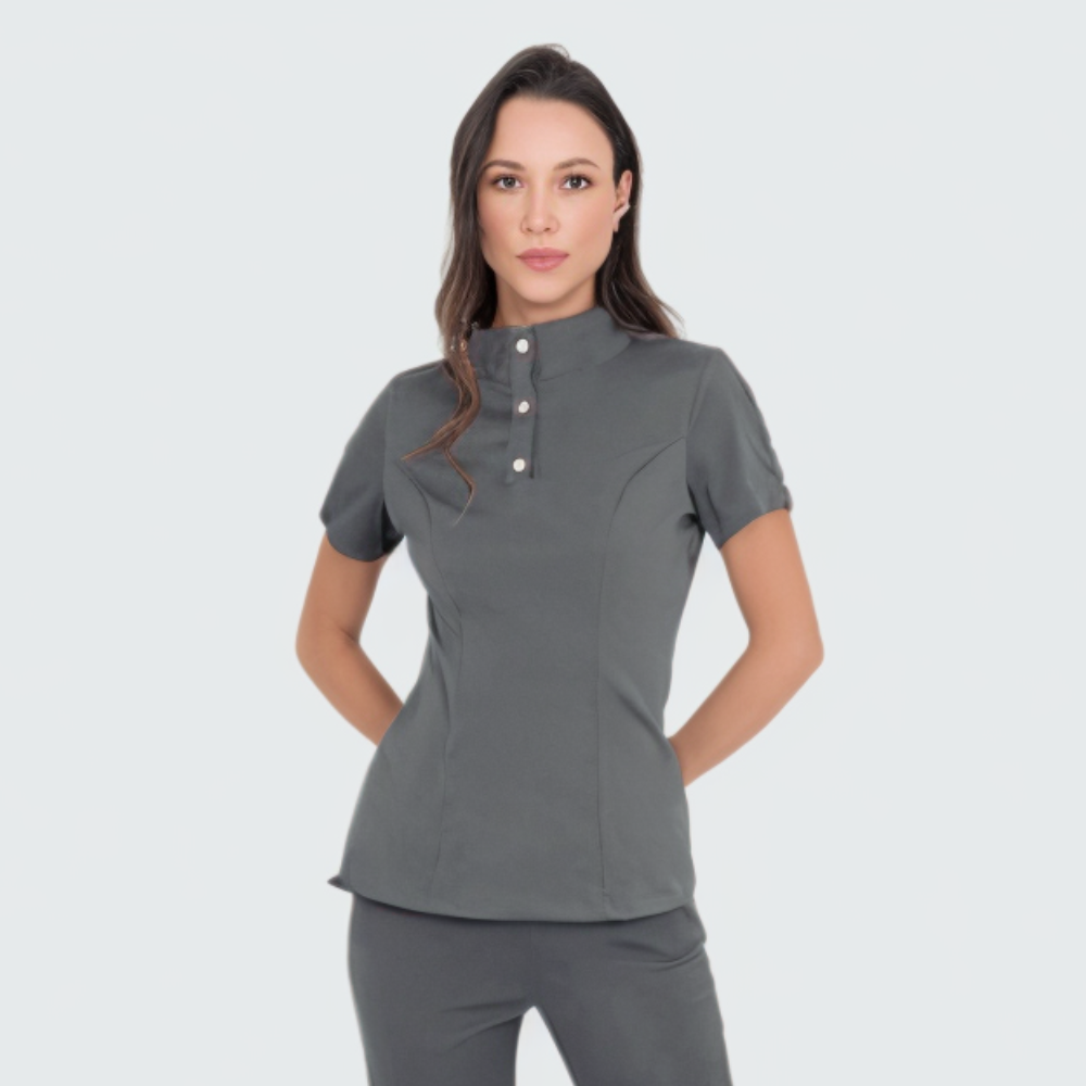 Women's Button Stand Collar Side Zipper Scrub Top