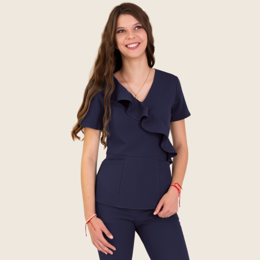 Women's V-neck Front Slanted Wave Design Scrub Top