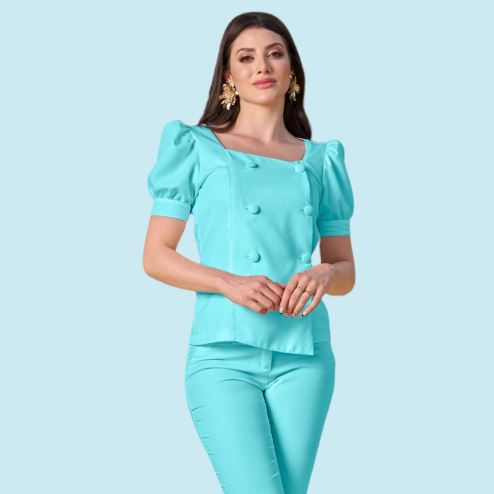 Women's Modern Design Puffed Sleeves Scrub Top