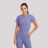 Women's Short Sleeve Crew Neck Zipper Scrub Top