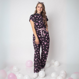 Women's Pink Heart Print Long Flared Cut Jumpsuit