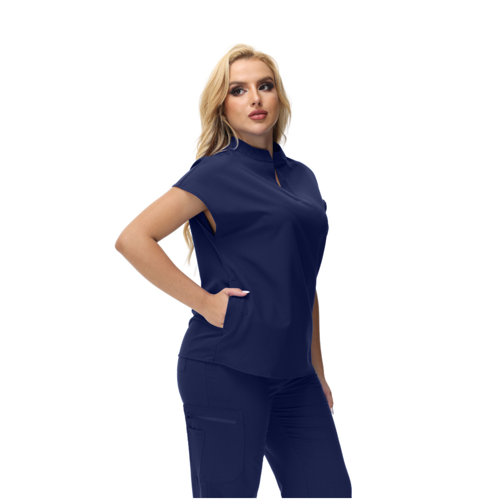 Angela Mandarin Collar Scrub Top with expansive fit and stylish design.