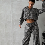 Leopard Print Zipper Hoodie Low Rise Wide Leg Trousers Set