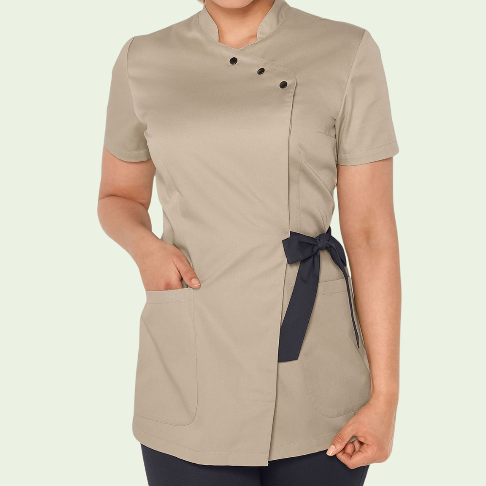 Women's Stand-up Collar Scrub Top with Decorative Bow