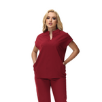 Angela Mandarin Collar Scrub Top with expansive fit and stylish design.