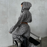 Leopard Print Zipper Hoodie Low Rise Wide Leg Trousers Set