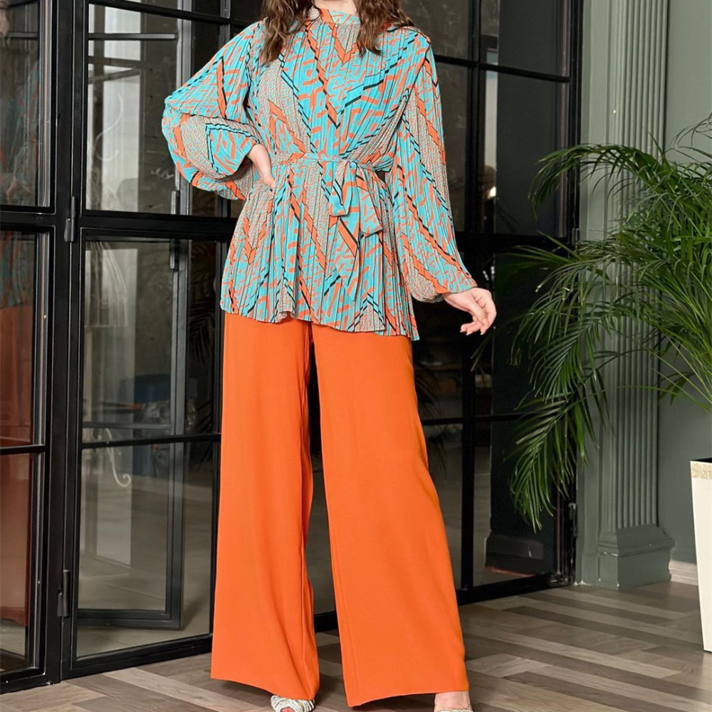 Modern Pleated Temperament Puff Sleeve Shirt High Waist Wide Leg Pants Set