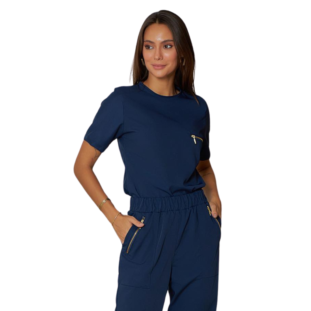 Women's Crew Neck Chest Zipper Pocket Scrub Top