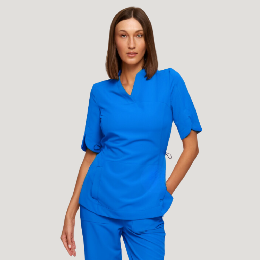 Women's Flower Petals Sleeves Kangaroo Pocket Scrub Top