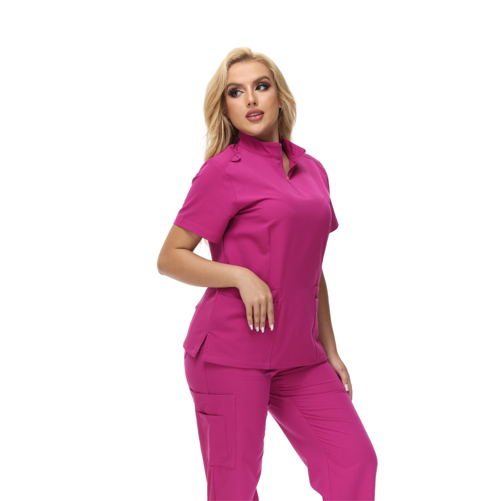 Alison Four-Pocket Scrub Top with mandarin collar and functional design.