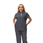 Angela Mandarin Collar Scrub Top with expansive fit and stylish design.