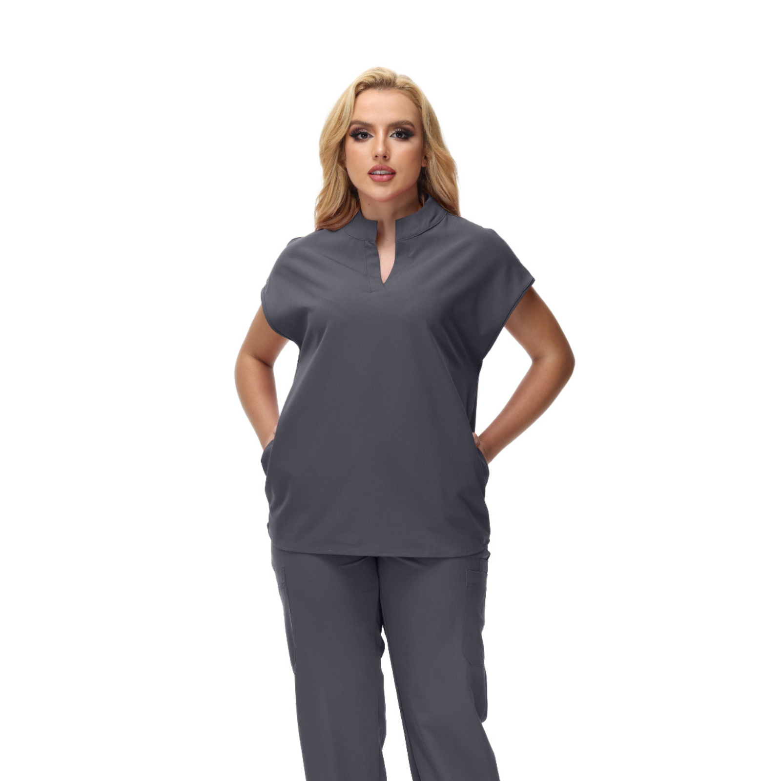 Angela Mandarin Collar Scrub Top with expansive fit and stylish design.