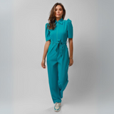 Women's Looser Legs Four Pockets Shirt Collar Jumpsuit