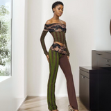 Camouflage Patchwork Off-shoulder Top and Flared Pants Set