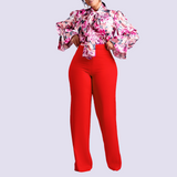 Women's Printed Bow Collar Long Sleeve Shirt Wide Leg Pants Modern Set