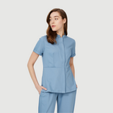 Women's Granded Collar Two Hiden Bag Pockets Scrub Top