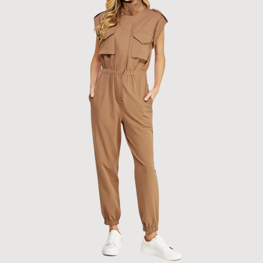 Women's High Neck Folded Sleeves with Epaulettes Jumpsuit