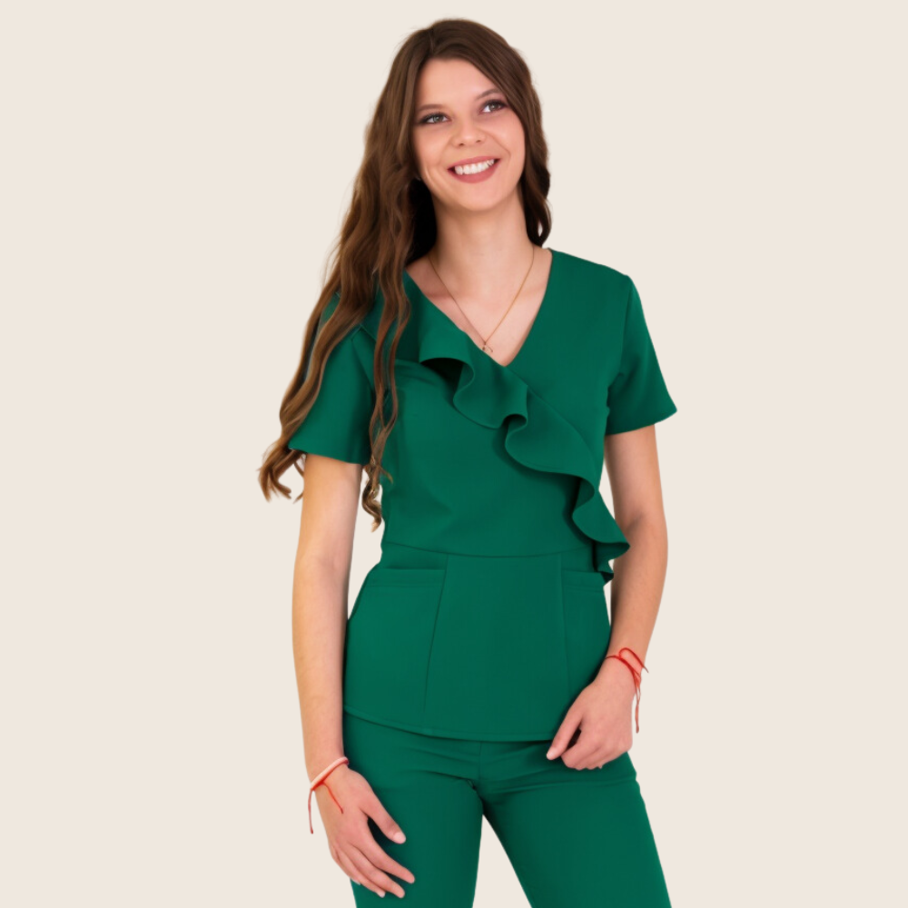 Women's V-neck Front Slanted Wave Design Scrub Top