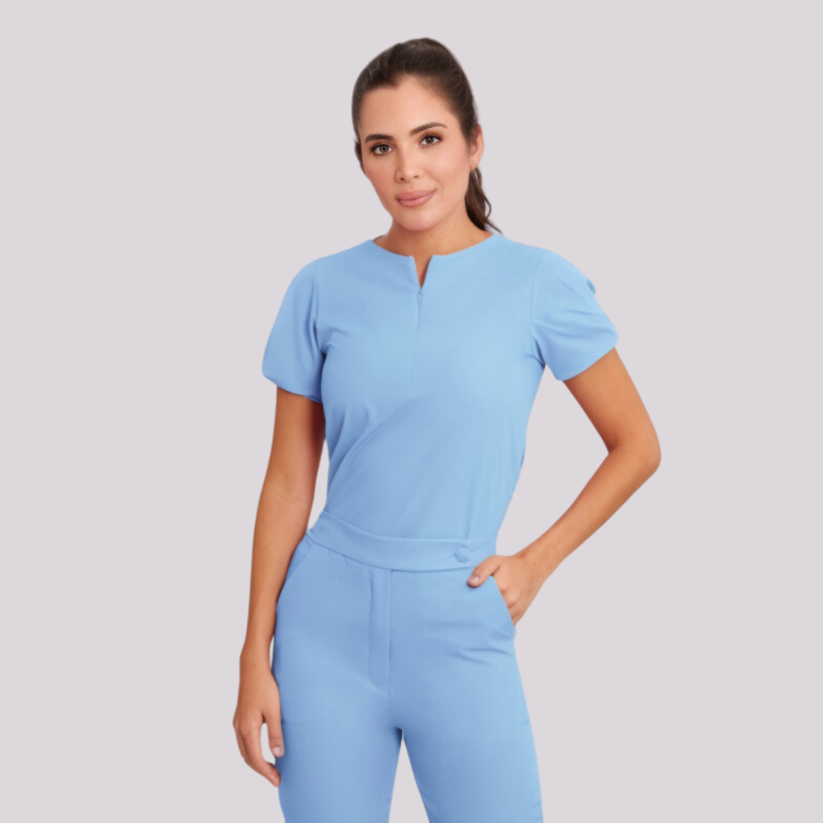 Women's Short Sleeve Crew Neck Zipper Scrub Top