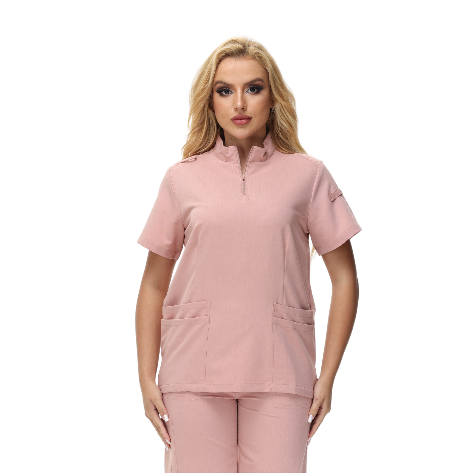 Alison Four-Pocket Scrub Top with mandarin collar and functional design.